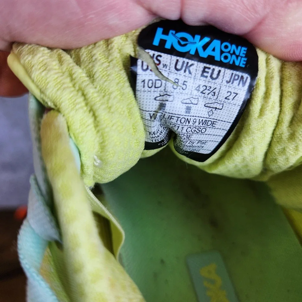 Hoka One Clifton 10‎ Shoes Mens Size 10D Green Neon Trail Road Running Sneakers